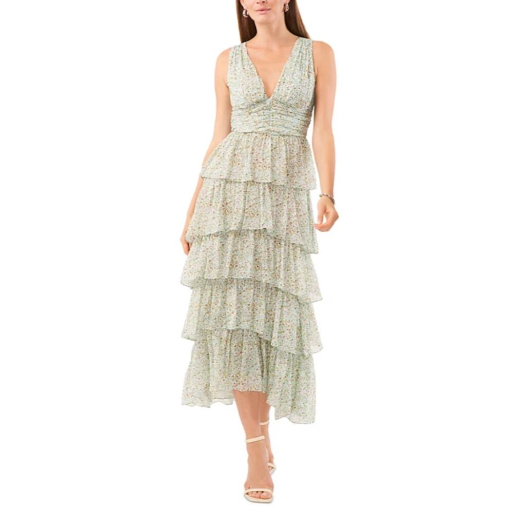 1.STATE Floral Tiered Ruffle Midi Dress in Light Green